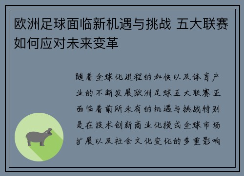 欧洲足球面临新机遇与挑战 五大联赛如何应对未来变革